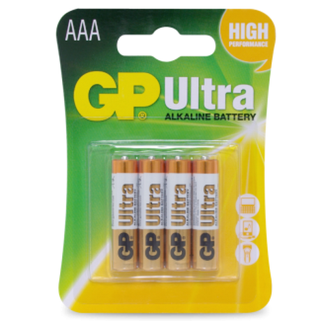 Compact pack of GP Ultra Alkaline AAA Heavy Duty Batteries, designed for reliable performance in various electronic devices.