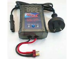 Compact Nimh/Nicd battery charger with electronic display controls, compatible for Deans connector, suitable for RC model enthusiasts.