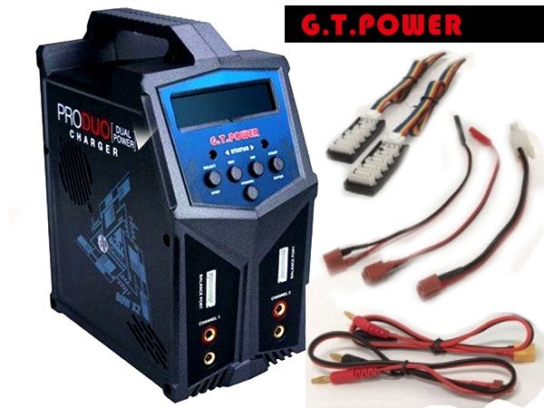 Compact dual-channel AC/DC battery charger by GT Power, equipped with digital display and multiple charging ports for versatile battery management.