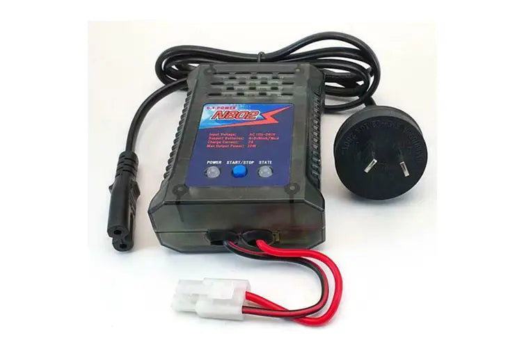 Compact NiCd/NiMH battery charger with Tamiya connector, offering efficient power management for model enthusiasts.