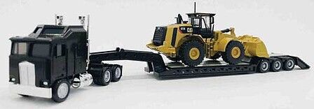 Herpa HO Kenworth K100 Tractor with Lowboy Trailer and Cat Wheel Loader Load - Assemble - Black - Hobbytech Toys