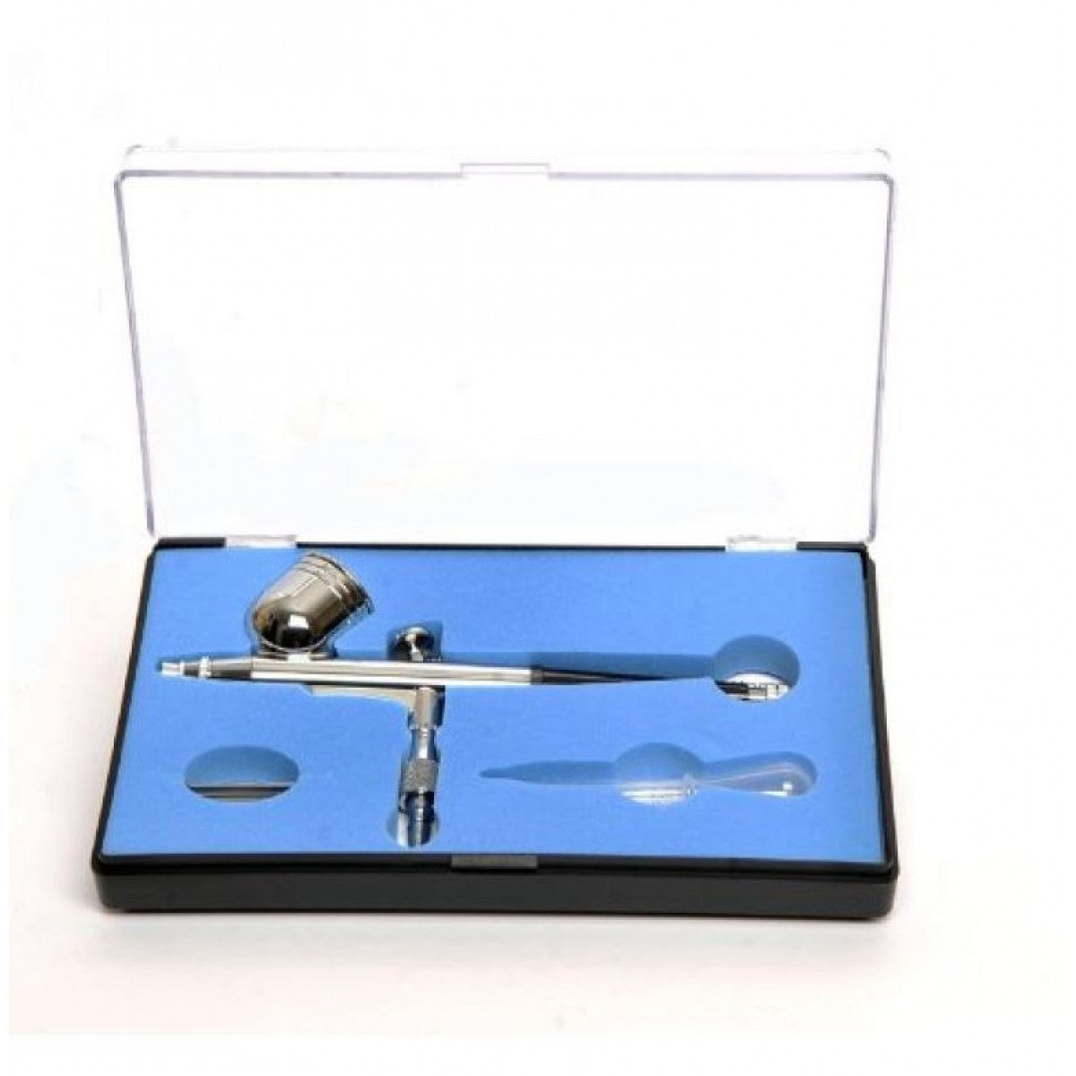 Hseng HS-30 0.3mm dual action gravity feed airbrush in a protective case, featuring chrome-plated metal body and accessories.