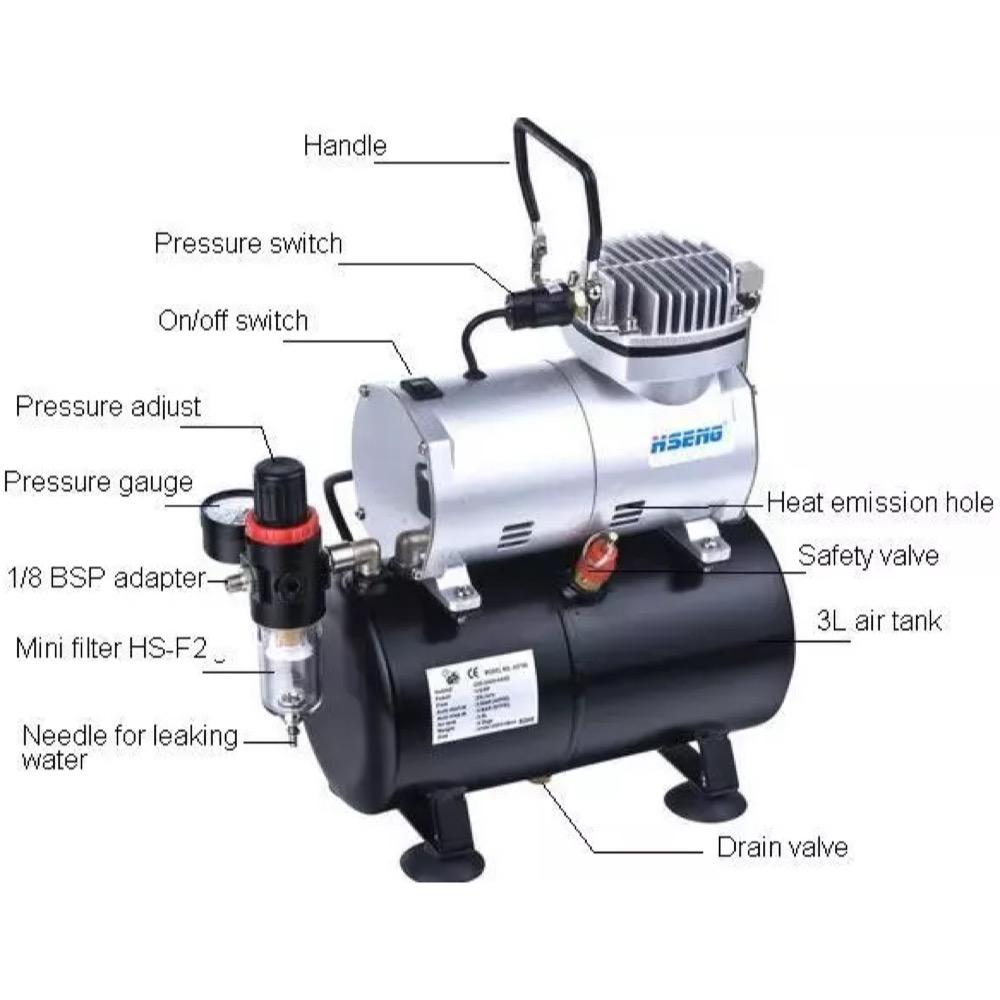 Hseng AS186 Air Compressor With 3L Air Tank,Water Trap & Regulator Hseng AIRBRUSHES & COMPRESSORS
