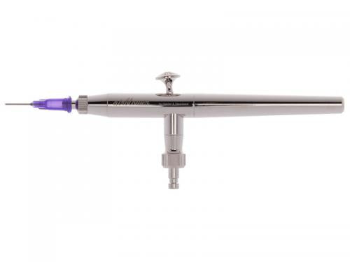 Compact high-precision airbrush with 0.5mm nozzle for detailed painting, featuring a chrome-plated metal body and violet accents.