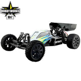 2WD RC Menace V2 Buggy by Hobby Works, Black body with colorful decals, off-road tires, and high-performance chassis.