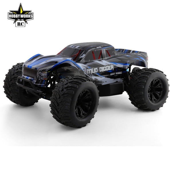 Hobby Works 1/10 Mud Digger V2 2WD Electric Monster Truck RTR Blue - Rugged off-road RC vehicle with large knobby tires, aggressive styling, and dynamic blue and black color scheme.