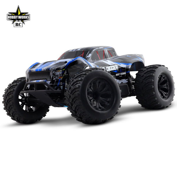 Hobby Works 1/10 Mud Digger V2 2WD Electric Monster Truck RTR in blue, featuring large off-road tires and a rugged, aggressive design.