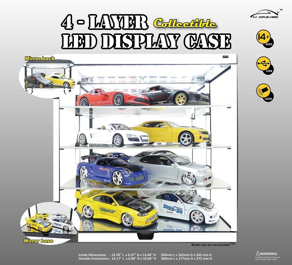 White Mirrored 4 Layer Display Case w/LED Lights (USB Powered) NULL DIE-CAST MODELS