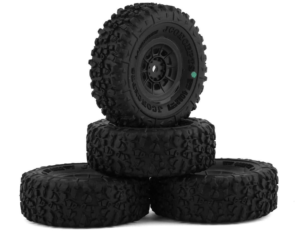 JConcepts Landmines 1.0" Pre-Mounted Tires w/Hazard Wheel (Black) (4) (Green) w/7mm Hex - Hobbytech Toys