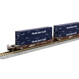 Kato N Gunderson MAXI-IV 3-Unit Well Car w/53ft Containers - Ready to Run - BNSF Railway 254007 (Boxcar Red, Wedge Logo, FEC Containers) - Hobbytech Toys