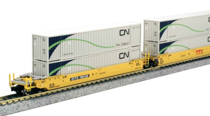 Kato N Gunderson MAXI-IV 3-Unit Well Car w/53ft Containers - Ready to Run - TTX 765122 (yellow, red logo, CN Containers) - Hobbytech Toys