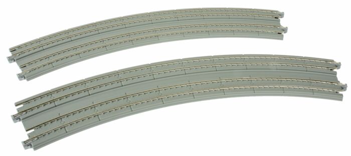 Kato N Curved Double Concrete Slab Superelevated Track - Unitrack - 16-3/8 & 15"  414 & 381mm, 45-Degree Easements (1 Left, 1 Right) - Hobbytech Toys