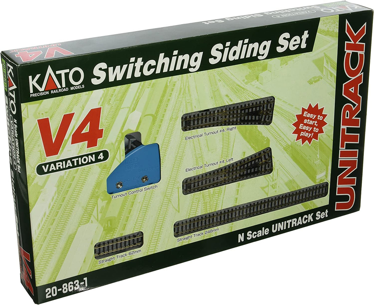 Kato N V4 Switching Siding Set - Unitrack - Includes 2 #4 Remote Turnouts and Straight Sections - Hobbytech Toys