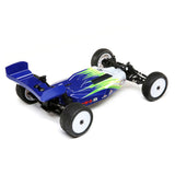 Losi Mini-B 1/16 2wd Buggy RTR in vibrant blue with green accents, ready for high-speed remote-controlled racing.