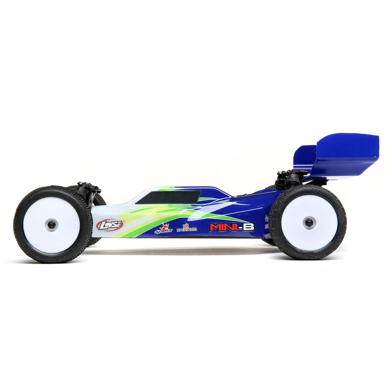 Losi Mini-B 1/16 2wd Buggy RTR in Blue - A compact, high-performance radio-controlled (RC) buggy toy with a sleek blue body and large white wheels.