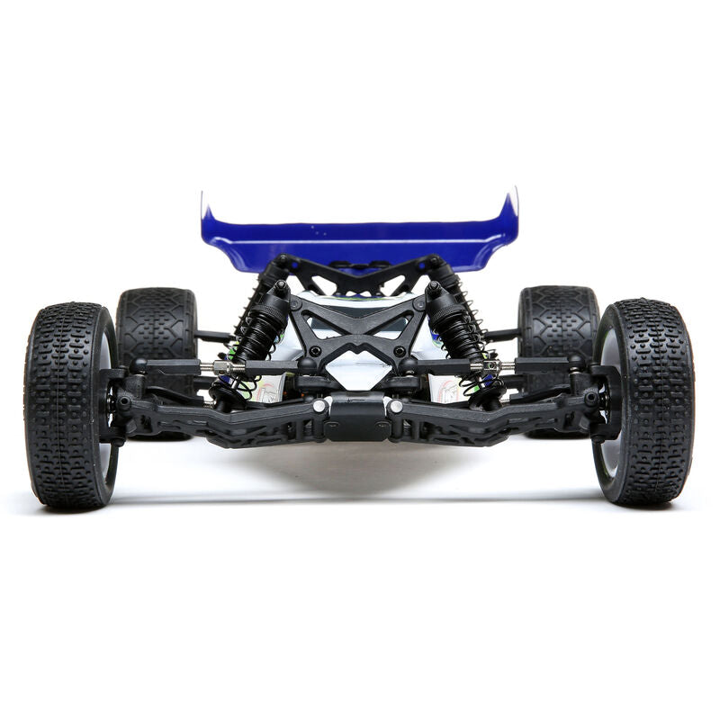 Blue and black high-performance radio-controlled (RC) buggy with large off-road tires, detailed suspension, and a sleek, aerodynamic design for efficient and agile maneuvering.