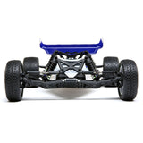 Blue and black high-performance radio-controlled (RC) buggy with large off-road tires, detailed suspension, and a sleek, aerodynamic design for efficient and agile maneuvering.