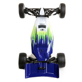 Compact RC buggy with vibrant blue, green, and white body design, equipped with rugged wheels and chassis for off-road adventures.