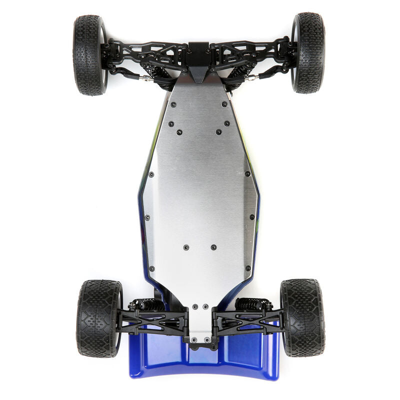 Compact Losi Mini-B 1/16 2wd Buggy in vibrant blue with sturdy off-road chassis and wheels for dynamic RC racing experiences.