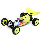 Losi Mini-B 1/16 2wd Buggy RTR in vibrant yellow with bold racing graphics and an aerodynamic off-road design.
