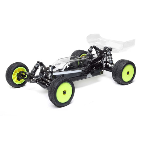 Losi Mini-B Pro 1/16 2wd Buggy, Rolling Chassis - An off-road radio-controlled racing buggy with a sleek black and green design, featuring large wheels for improved traction and stability.