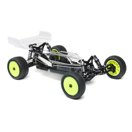 Losi 01025 Mini-B Pro 1/16 2wd Buggy, Rolling Chassis - A black and silver remote-controlled buggy with green wheels and accents, positioned on a plain white background.