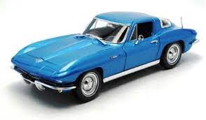 Detailed 1/18 scale model of a 1965 Chevrolet Corvette Coupe in striking blue color, showcasing the classic muscle car's sleek design.