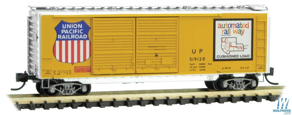 Micro Trains Line N 40ft Double-Door Boxcar - Ready to Run - Union Pacific 519120 (Armour Yellow, silver, Large Logo, Automated Map Logo) Micro Trains Line TRAINS - N SCALE