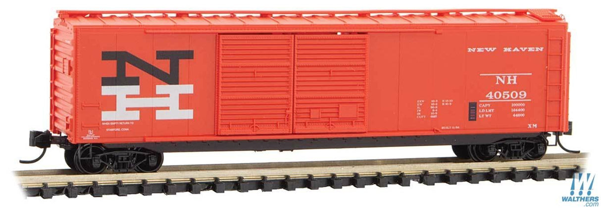 Micro Trains Line N 50ft Double-Door Boxcar - Ready to Run - New Haven 40509 (vermillion, black, white, Large McGinnis Logo) Micro Trains Line TRAINS - N SCALE