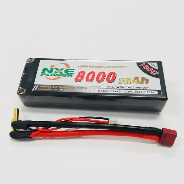 High-capacity 8000mAh 2S 7.6V LiPo battery by NXE Power, featuring a hardcase design and 100C discharge rate, with Deans connectors for reliable power delivery.