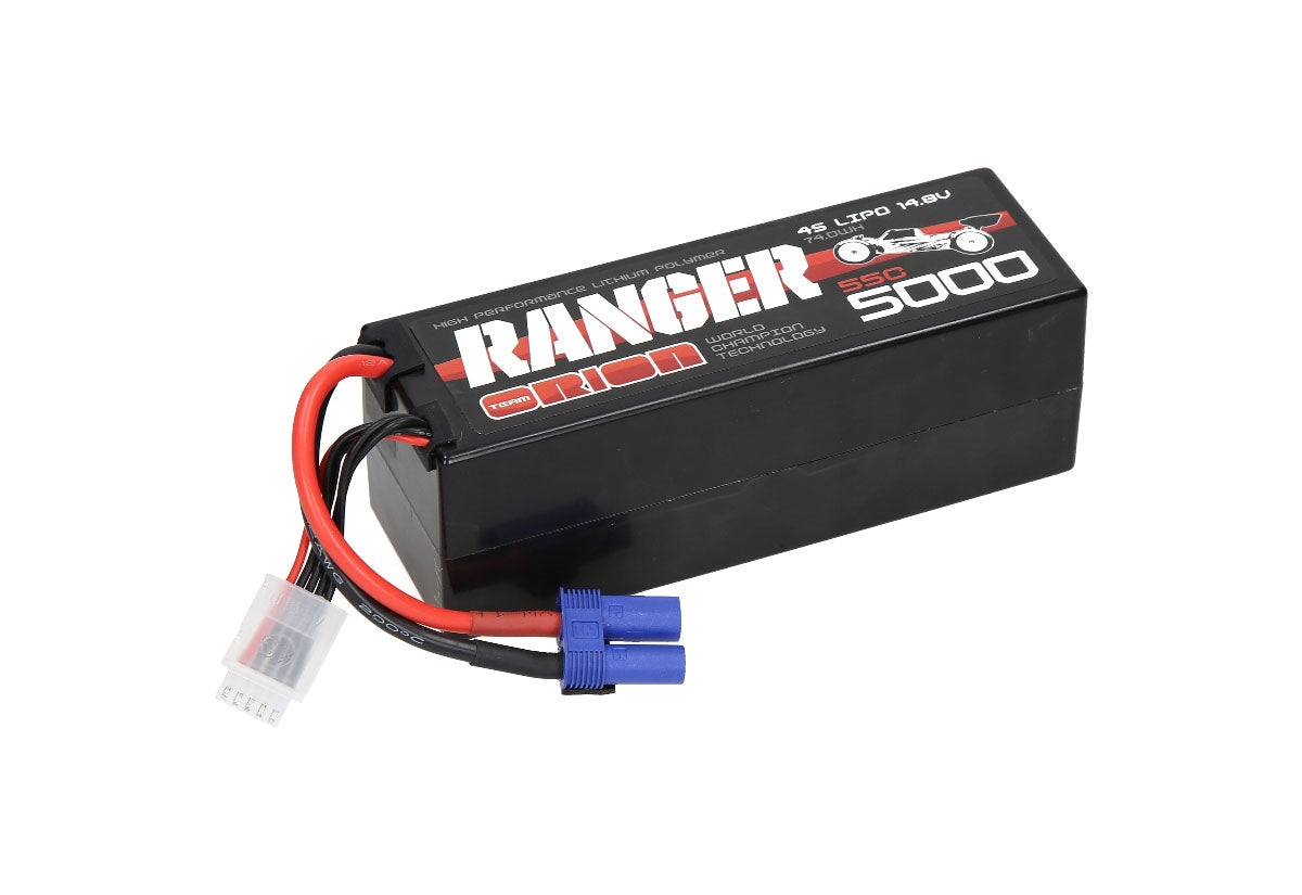 High-capacity 4S Ranger 5000mAh 14.8V 55C hardcase LiPo battery with EC5 connector, ready for RC models and drones.