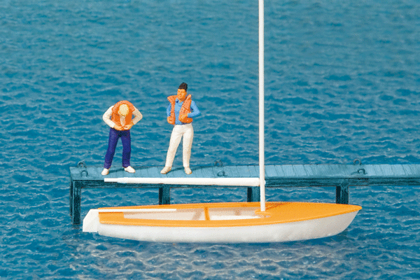 Preiser HO Korsar Sailboat w/2 Sailors Putting On Life Jackets - Sails Down (white, yellow) - Hobbytech Toys