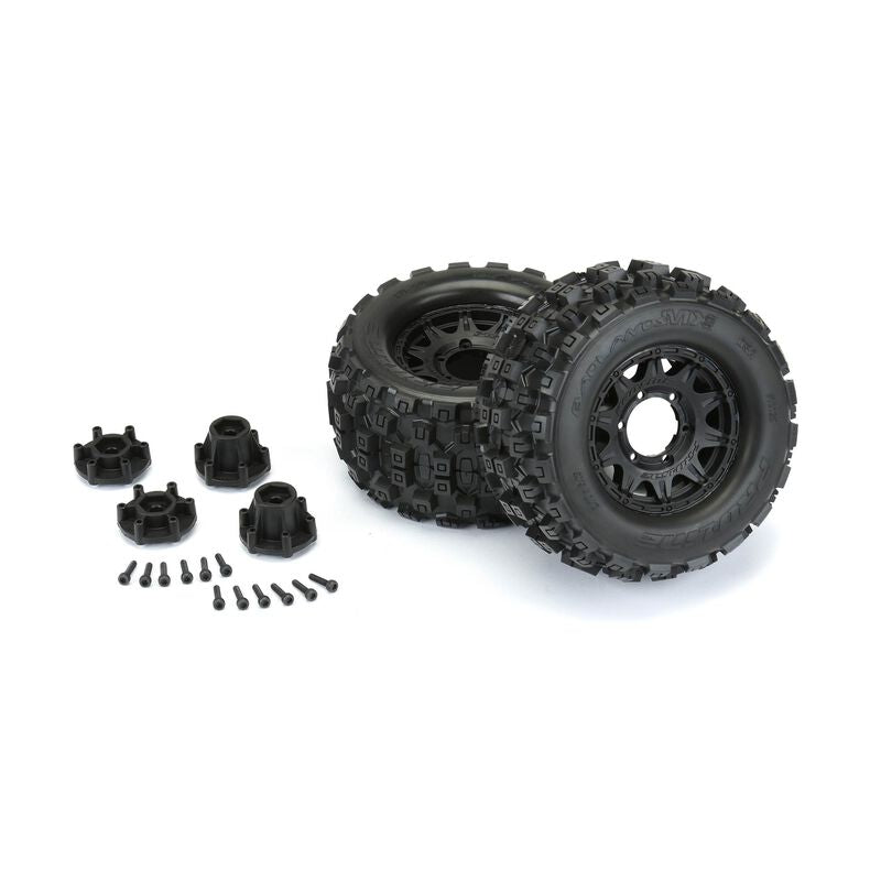 Proline Badlands MX28 2.8in Tyres Mounted on Raid Black 6x30 Wheels, F/R, PR10125-10 - Hobbytech Toys