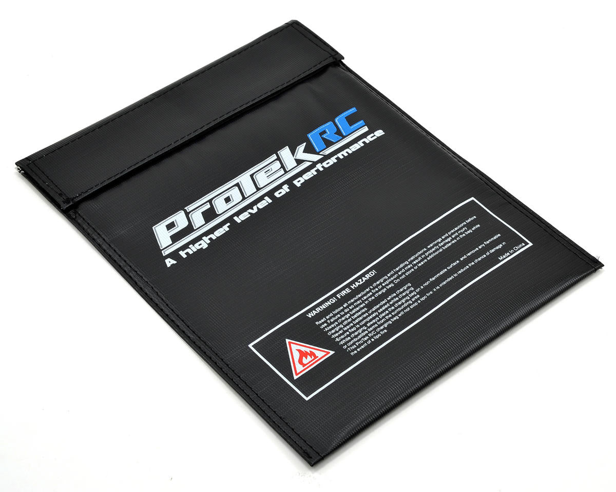 Large flame-resistant LiPo charging bag by ProTek RC, a professional RC accessories brand, designed for safe storage and charging of lithium-polymer batteries.