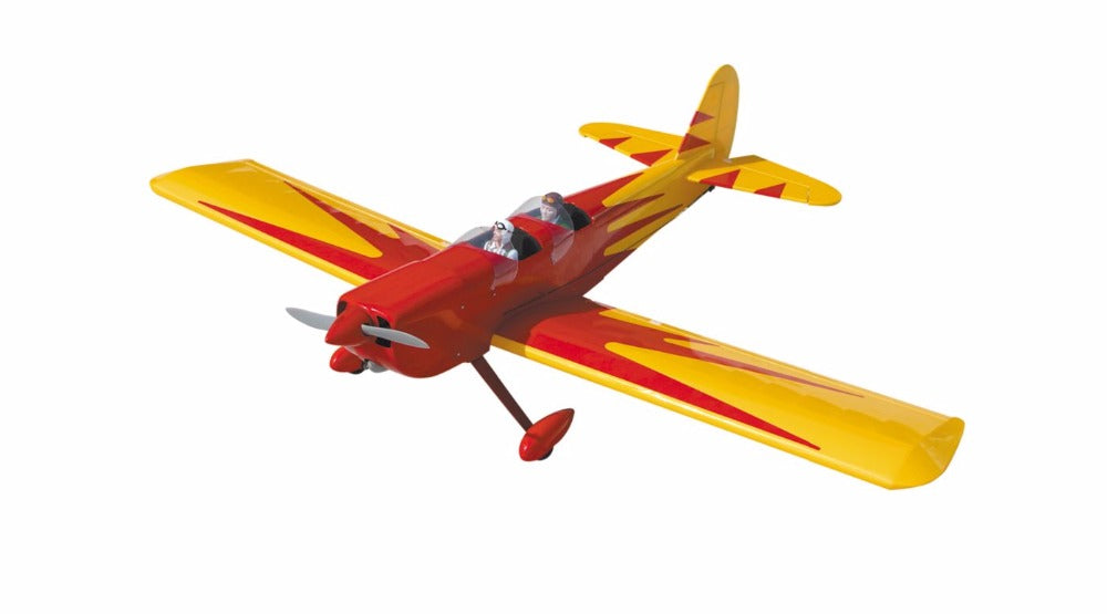 Sleek red and yellow Seagull Spacewalker 2 .40 ARF RC plane in flight.