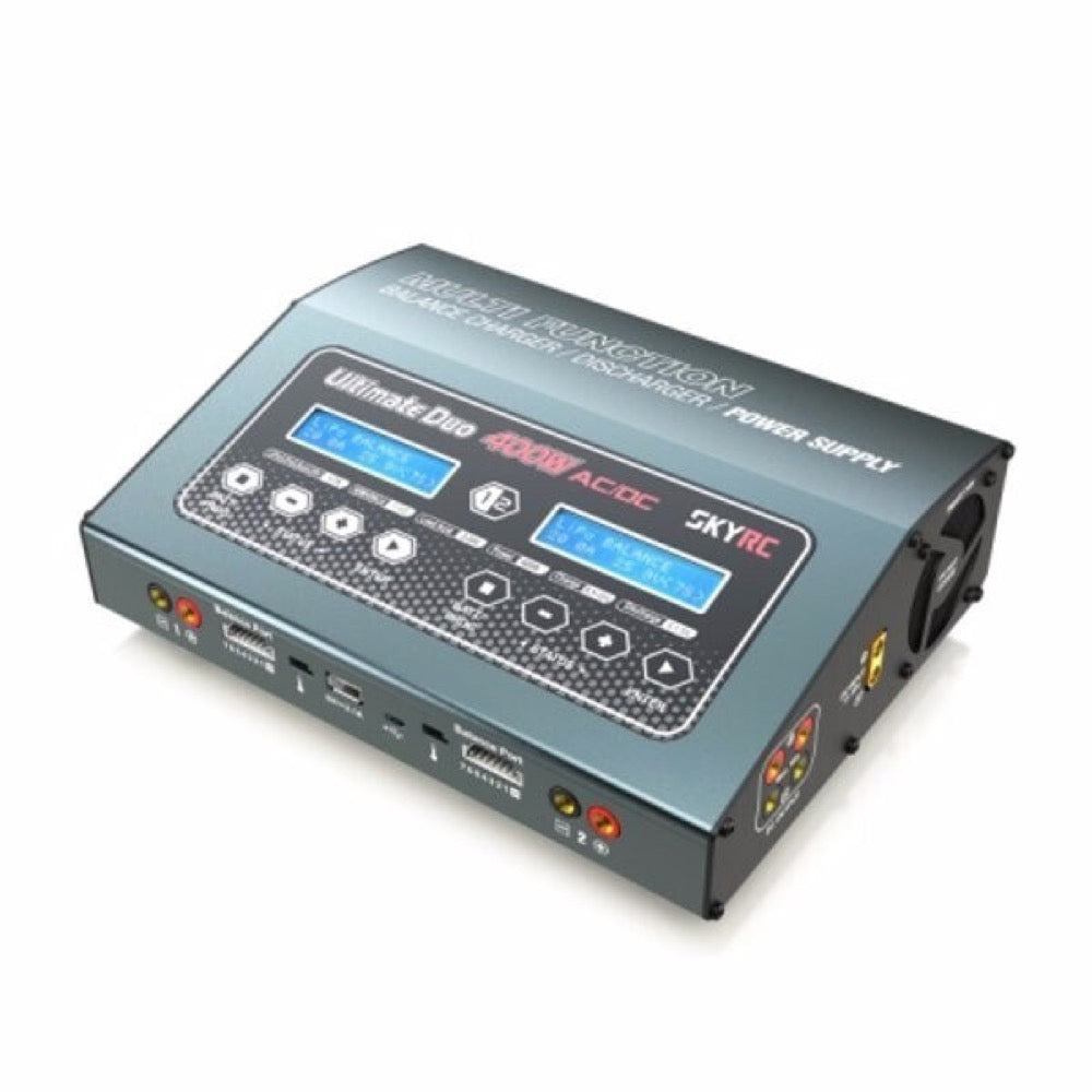 Sleek dual-channel battery charger for model aircraft. Sky RC 100123 D400 Ultimate Duo 400W Balance Charger with digital controls and multiple connectivity options.