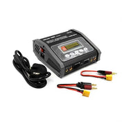 Compact 260W AC/DC dual-channel battery charger for radio control models. Features LCD display, balance charging ports, and safety protections. Suitable for charging a variety of batteries. Sleek black design with cables and connectors visible.