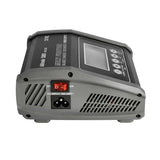 Sturdy grey dual-port battery charger with LCD display and power input controls for reliable charging of RC devices.