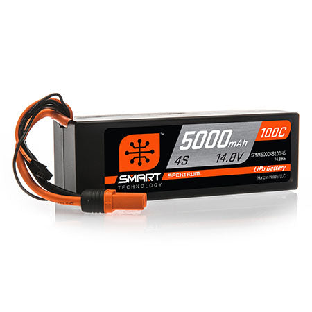 Powerful 5000mAh 4S 14.8V 100C Smart LiPo Battery with IC5 Connector by Spektrum, featuring a sleek black and orange design.