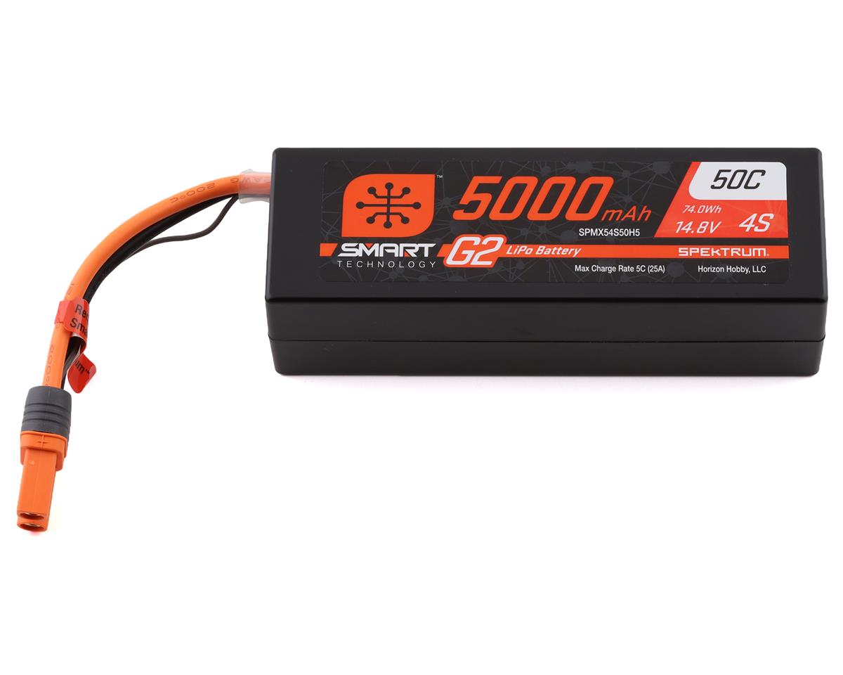 Spektrum 5000mAh 4S 14.8V 50C Smart G2 Hard Case LiPo Battery with IC5 Connector on a black background.