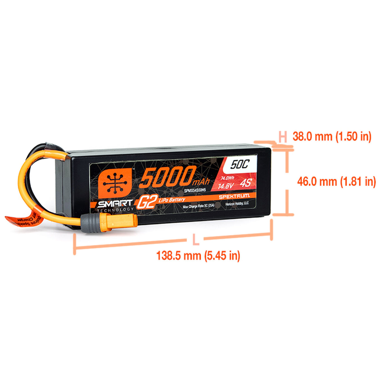 Spektrum 5000mAh 4S 14.8V 50C Smart G2 Hard Case LiPo Battery with IC5 Connector, featuring an orange and black color scheme, dimensions, and product specifications.