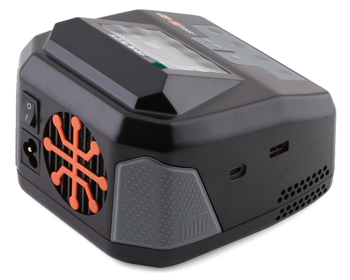 Sleek and powerful Spektrum Smart S2200 2x200W AC charger, featuring a modern, angular design and various ports and connectors for efficient battery charging.