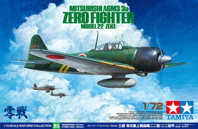 Tamiya 1/72 Mitsubishi A6M3/3A Zero Fighter Model 22 Zeke Tamiya PLASTIC MODELS