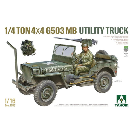 Takom 1/16 US WWII Quarter Ton 4X4 Utility Vehicle Plastic Model Kit [1016] - Hobbytech Toys