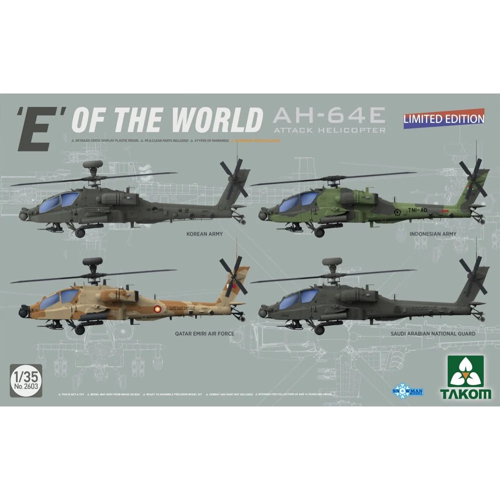 Takom 1/35 E of the World AH-64E Attack Helicopter (Limited Edition) Plastic Model Kit - Hobbytech Toys