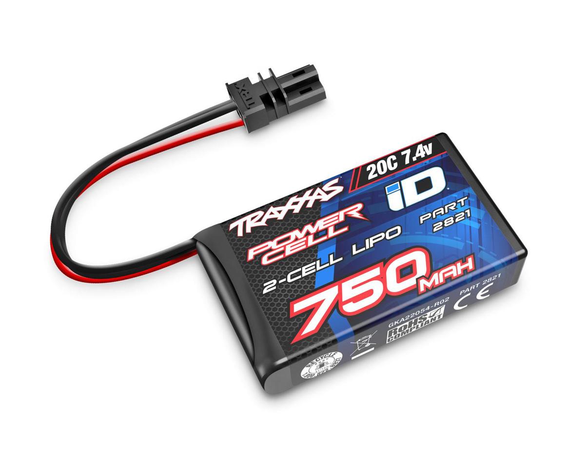 Traxxas 2821 750mAh 2S 7.4V LiPo Battery for TRX4M. The image shows a rechargeable lithium-polymer (LiPo) battery pack with a capacity of 750mAh and a voltage of 7.4V, designed for use with the Traxxas TRX4M RC vehicle.