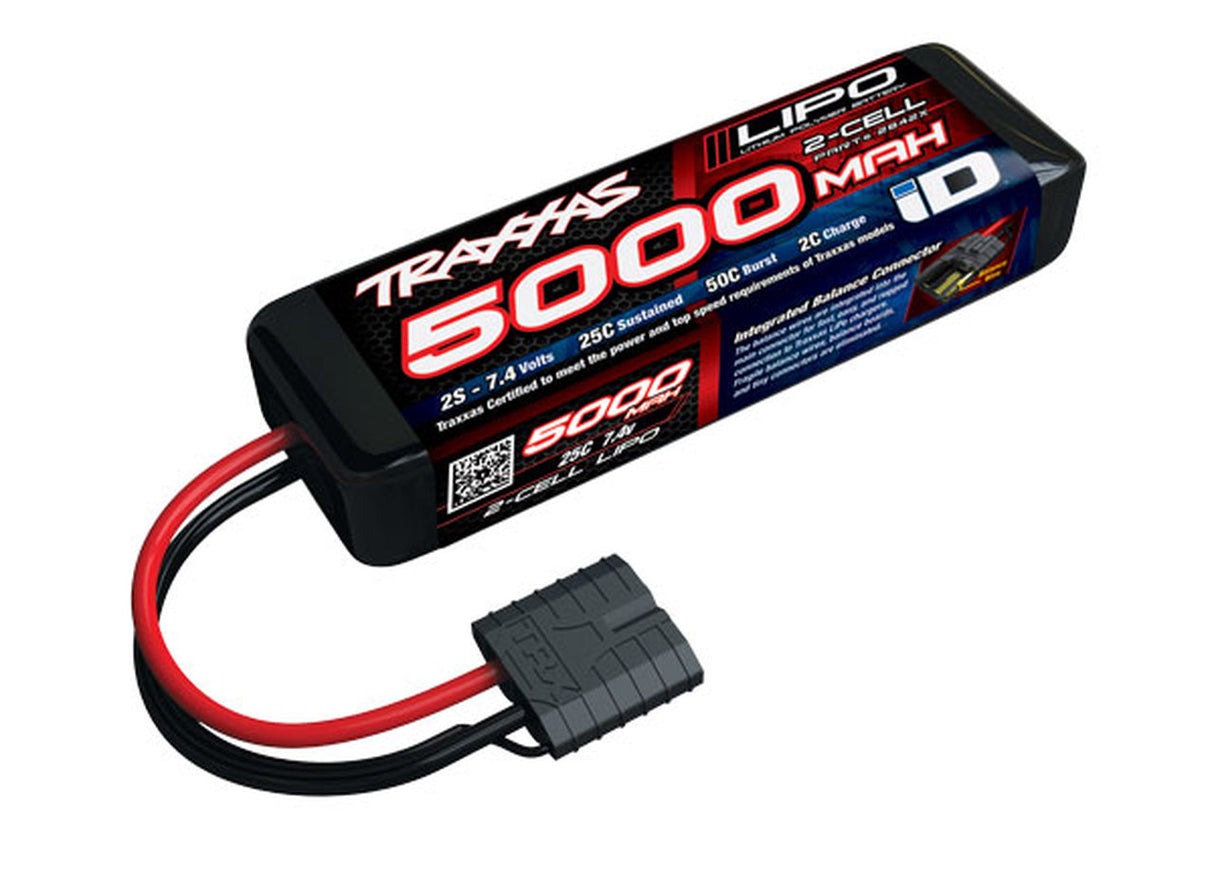 Traxxas 5000mAh 2S 7.4V 25C LiPo Battery with ID Connector, ready for high-performance RC adventures.