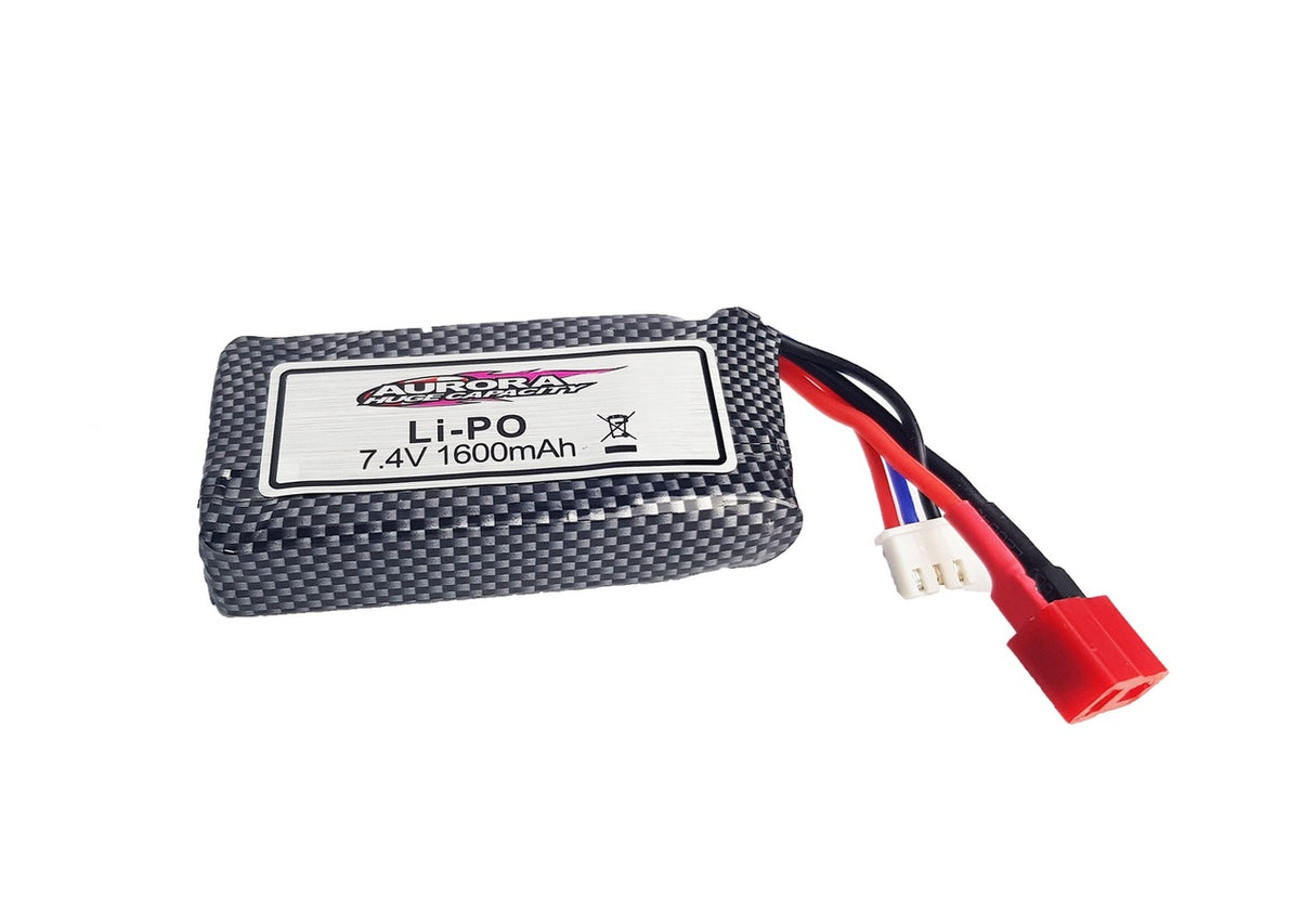 Compact Li-Po battery for remote control devices, with 1600mAh capacity and 7.4V voltage, encased in durable carbon fiber housing.