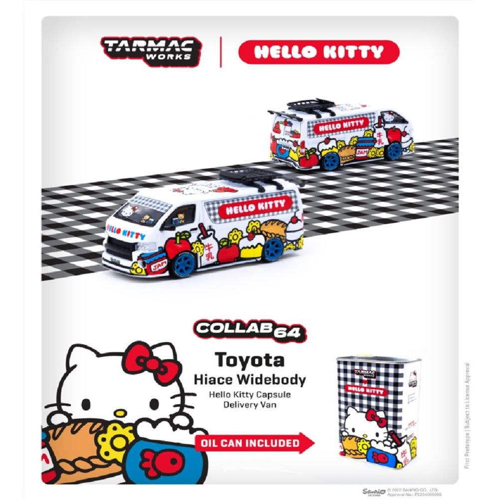 Tarmac 1/64 Hello Kitty Toyota Hiace Capsule Delivery Van w/Hello Kitty Metal Oil Can - Hobbytech Toys