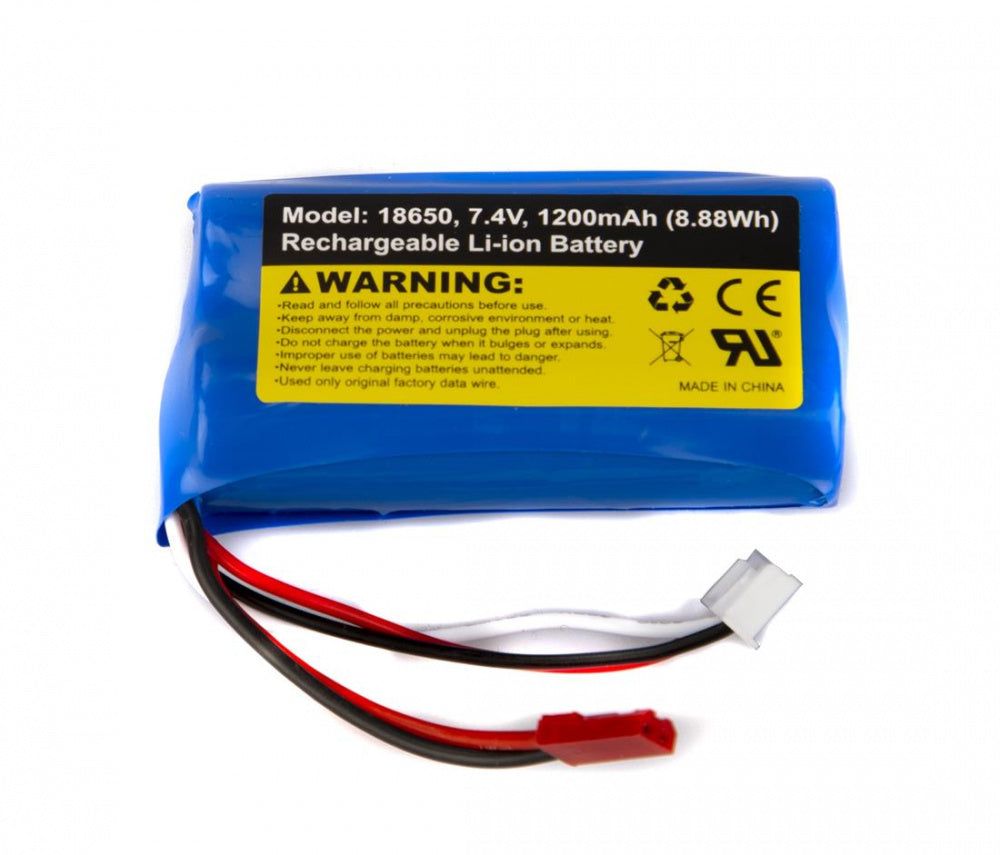 Rechargeable Li-ion battery for UDI RC models, with 1200mAh capacity and 7.4V voltage, featuring safety warnings and CE certification.
